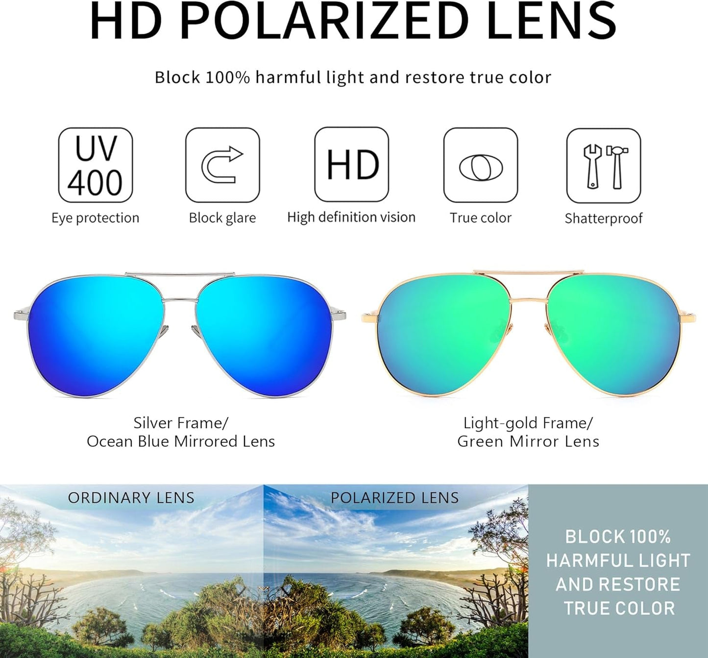 Women'S Lightweight Oversized Aviator Sunglasses - Mirrored Polarized Lens