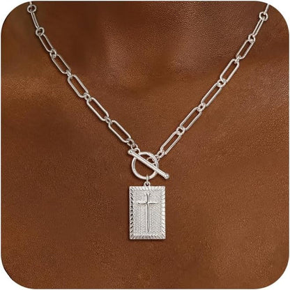 Cross Necklace for Women Trendy, Dainty 14K Gold Plated Paperclip Charm Necklace for Womens Chunky Cross Pendant Necklace Gold Jewelry Religious Christian Gifts for Christians