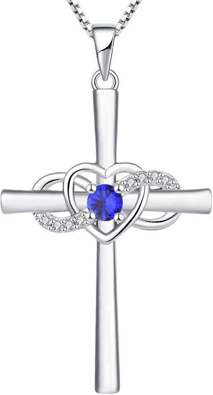 Women'S Cross Necklace Sterling Silver Infinity Heart Crucifix Pendant Birthstone Criss Jewelry