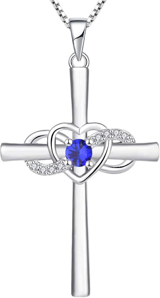Women'S Cross Necklace Sterling Silver Infinity Heart Crucifix Pendant Birthstone Criss Jewelry