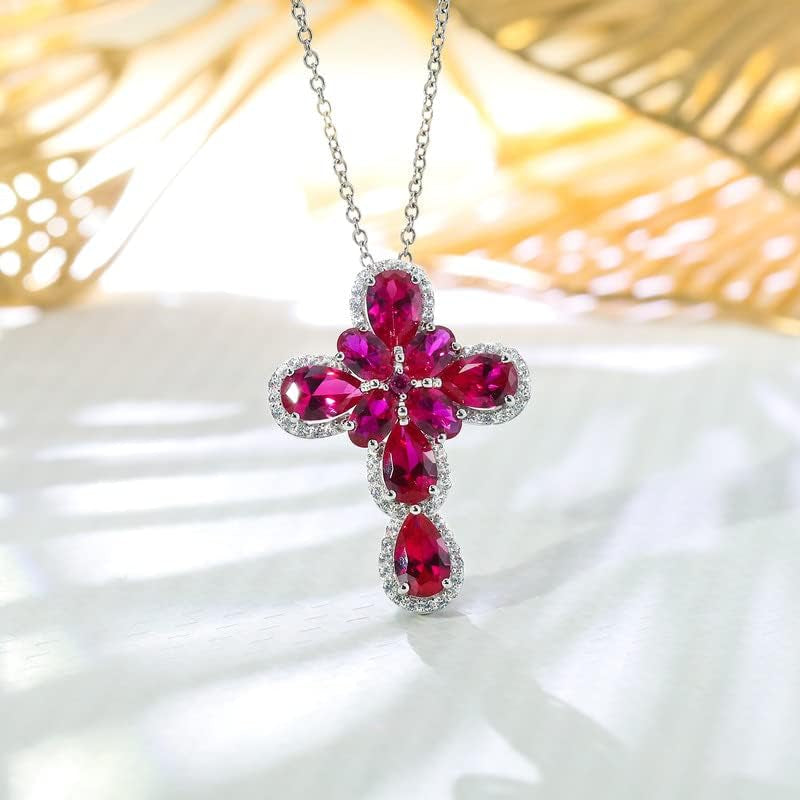 Womens Gemstone Cross Pendant Necklace 925 Sterling Silver Created Ruby Peridot Religious Christian Jesus Jewelry Water Wave Chain 18+2 Inches