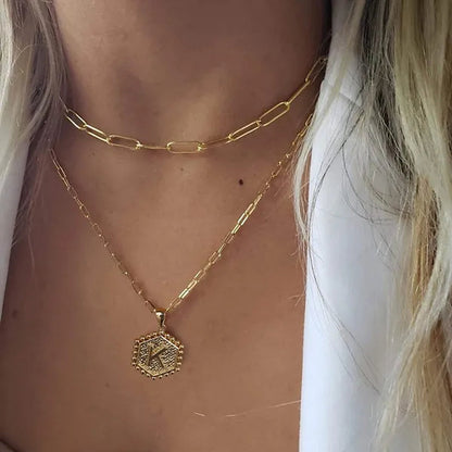 Dainty Layered Initial Necklaces for Women, 14K Gold Plated Paperclip Chain Necklace Simple Cute Hexagon Letter Pendant Initial Choker Necklace Gold Layered Necklaces for Women