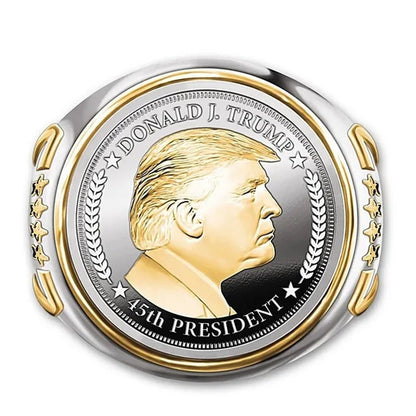 925 Sterling Silver Plated Mens Fashion Ring Two Tone 18K Gold Plated"Make America Great Again" USA President Trump Statue Commemorative Coin Rings General Election Trump Supporters Jewelry Successfully Elected Souvenir Gift Size 6 - 13