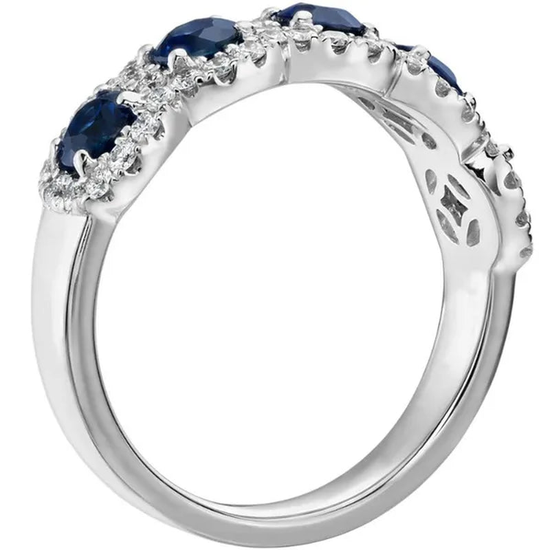 Trendy Women Wedding Rings Silver Plated Diamond Blue Sapphire 5 Stone Rings Bridal Engagement Party Ring Jewelry