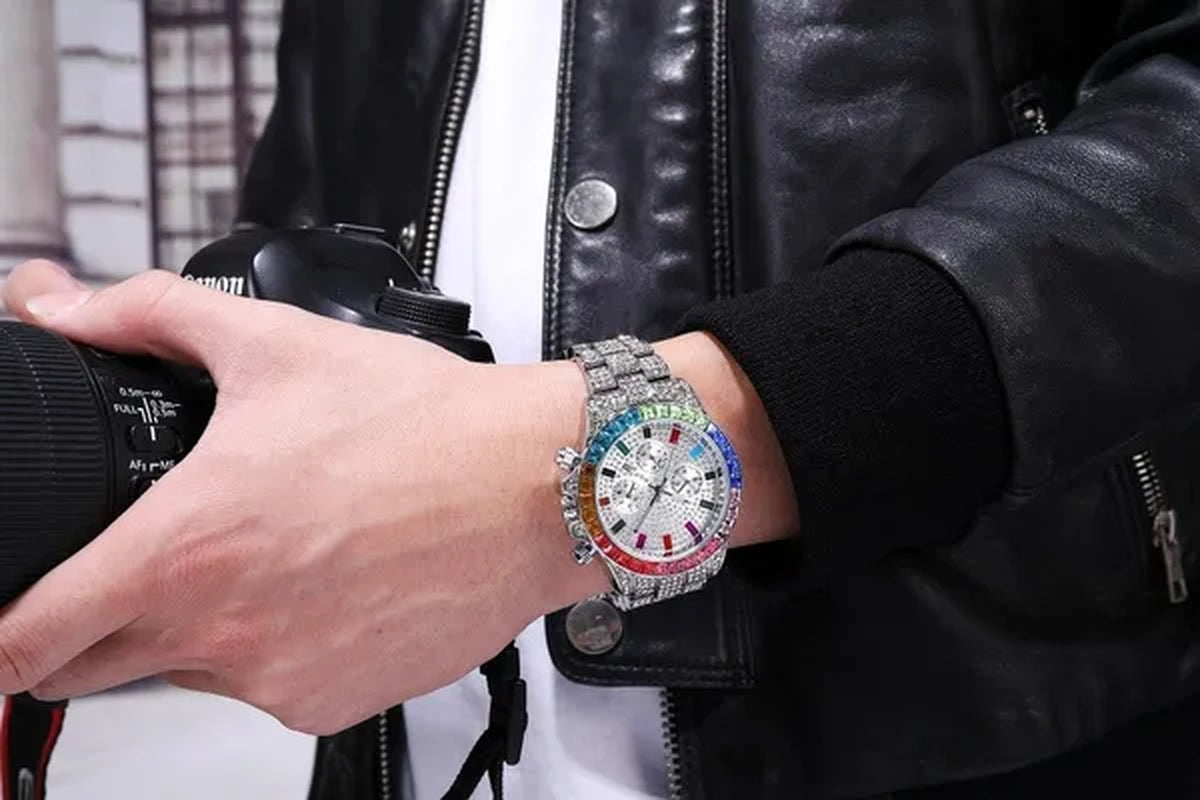 Men Watch Luxury Brand  Mens Gold men Watch Quartz Clock Chronograph colorful Diamond Steel Iced Out Watch Reloj Hombre