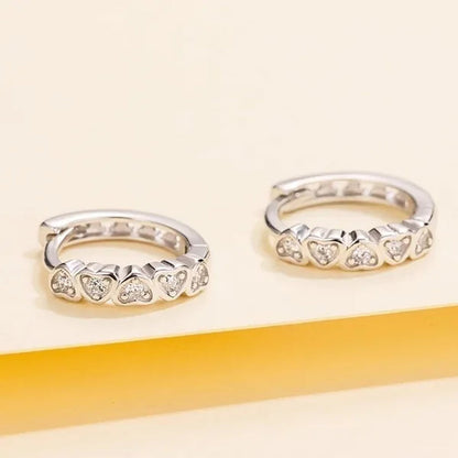 Women Fashion Cute 925 Sterling Silver Diamond Heart Shaped Hoop Earrings