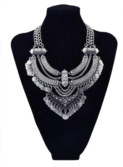 Vintage Silver Gold Chains Fine Jewelry Coins Tassel Choker Necklace Women Big Flower Moon Statement Necklace