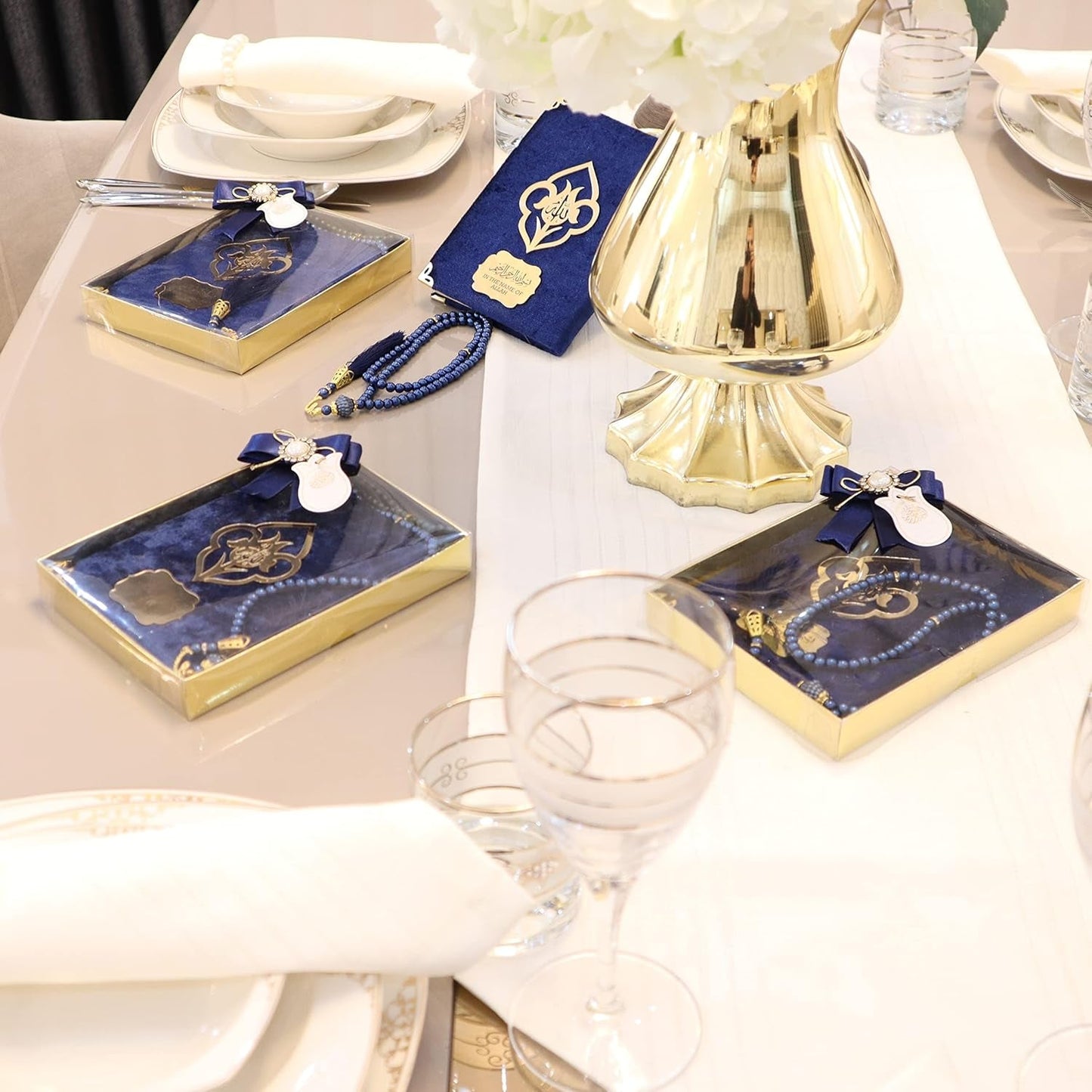 IEF Pack of 5 Personalized Velvet Yaseen Dua Book Prayer Beads Islamic Party Favor Gift, Decorated Navy Blue Pearl Prayer Bead Muslim Gift Set for Ramadan Eid Hajj Umrah Wedding Baby Shower