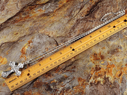 Silvery Tone Religious Cross Pendant Necklace W/Aquamarine Blue or Clear Crystal Rhinestones