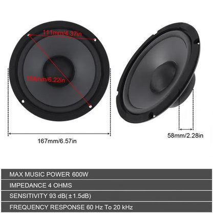 1 Piece 6 Inch 600W 2-Way Car Hifi Coaxial Speaker Door Auto Audio Music Stereo Full Range Frequency Speakers