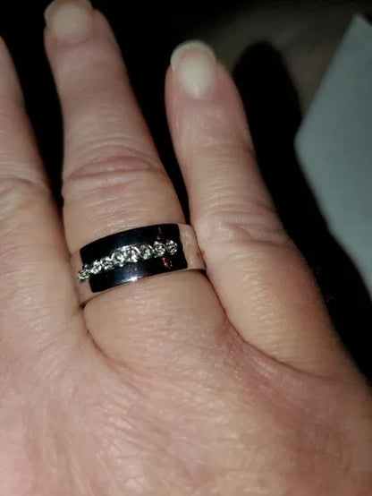 YOHAPP NEW Fashion Couple Rings Set Jewelry - Men's 8mm 316L Stainless Steel Titanium Ring and Women's Three Stone Princess Cut 1CT Diamond   Silver  Bridal Wedding Engagement Band Ring