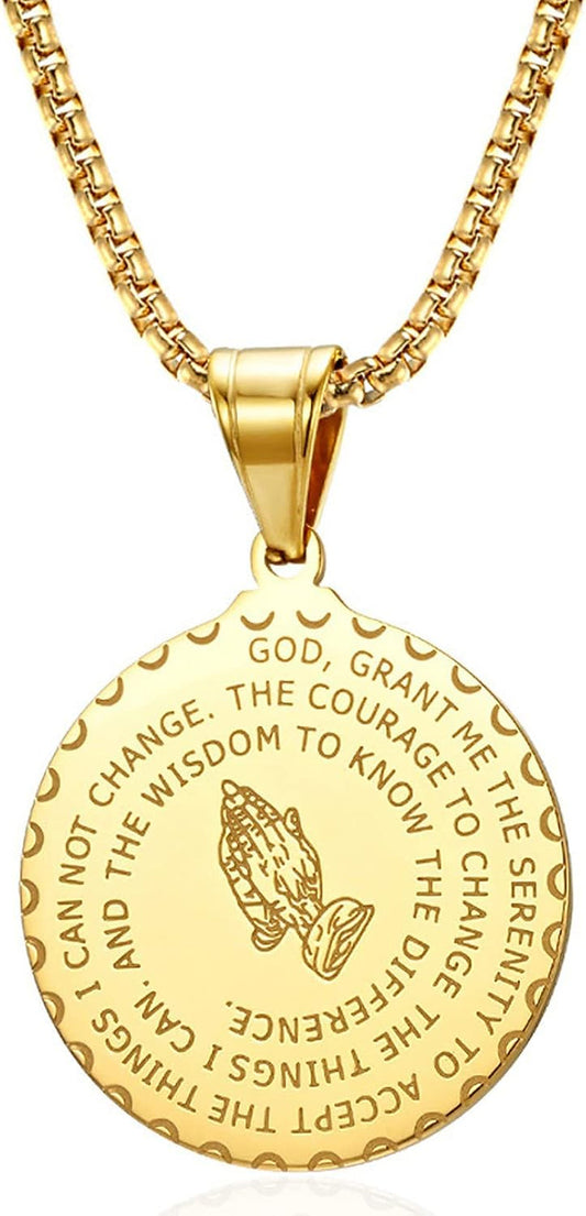 Serenity Prayer Necklace with Praying Hands Coin Pendant for Men Women Lords Prayer Bible Verse Courage Wisdom Stainless Steel 24 Inches