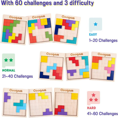 Wooden Puzzle Pattern Blocks Brain Teasers Game with 60 Challenges, 3D Russian Building Toy Wood Tangram Shape Jigsaw Puzzles Montessori STEM Educational Toys Gift for Kids Adults