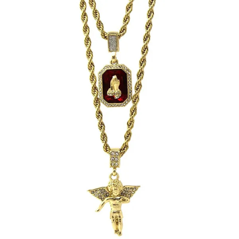 Yellow Gold Mens Gold Angel&P Ruby Bundle Set Cz Pendant Hip Hop 24"& 30"Rope Necklace Chain Pendant