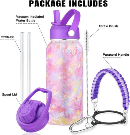 Personalized Insulated Water Bottle with Paracord Handle Straw Lid & Spout Lid, Vacuum Stainless Steel Wide Mouth Water Bottle for Adults 24 Oz, 32 Oz, 40 Oz
