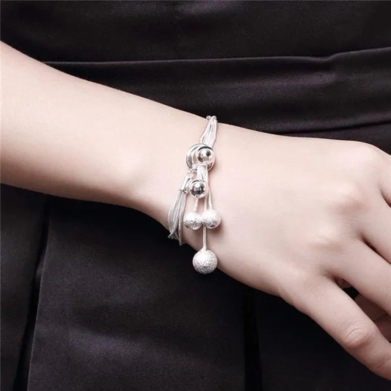 Women's Fashion 925 Sterling Silver Five-line Snake Chain Matte Smooth Bead Pendant Necklace Bracelet Earring Jewelry Set