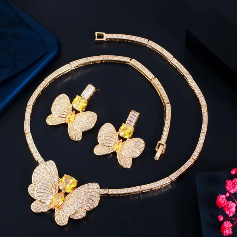 CANDICE Statement Citrine Butterfly Design Pendant Earrings Choker Necklace Micro CZ Temperament Luxury Jewelry Set Dress Accessories