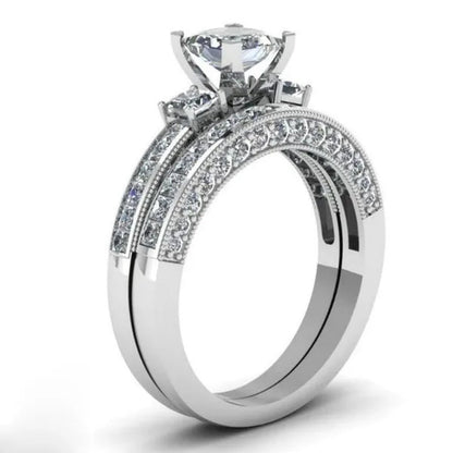 YOHAPP NEW Fashion Couple Rings Set Jewelry - Men's 8mm 316L Stainless Steel Titanium Ring and Women's Three Stone Princess Cut 1CT Diamond   Silver  Bridal Wedding Engagement Band Ring