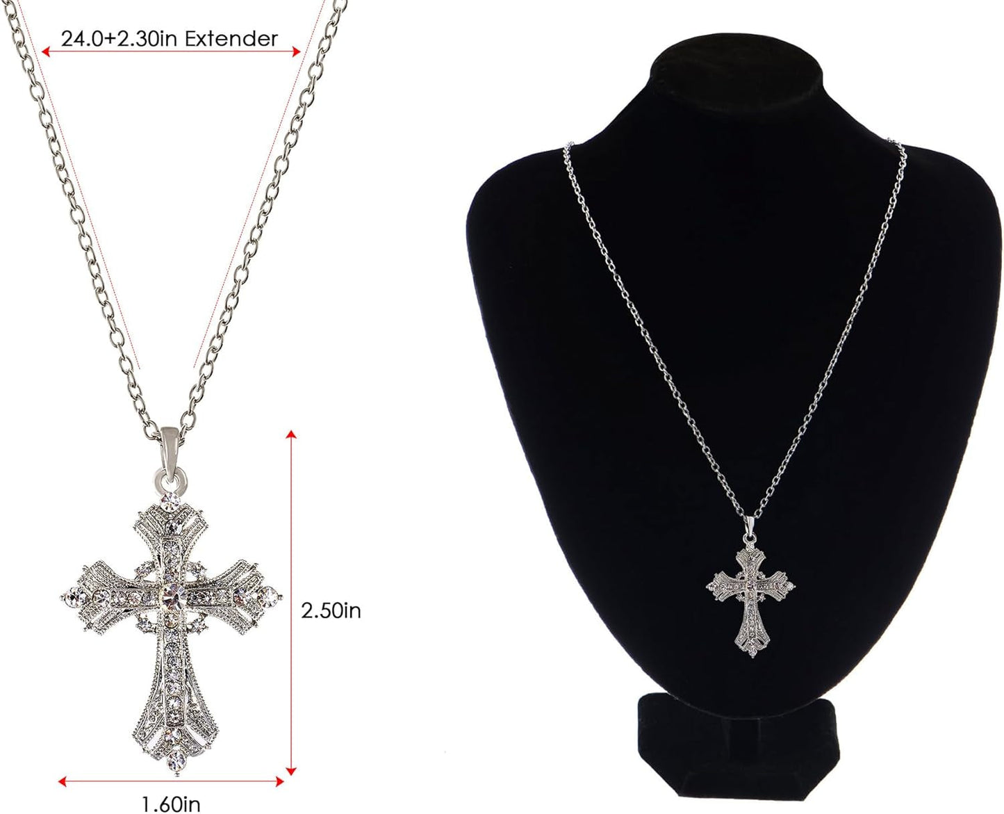 Silvery Tone Religious Cross Pendant Necklace W/Aquamarine Blue or Clear Crystal Rhinestones