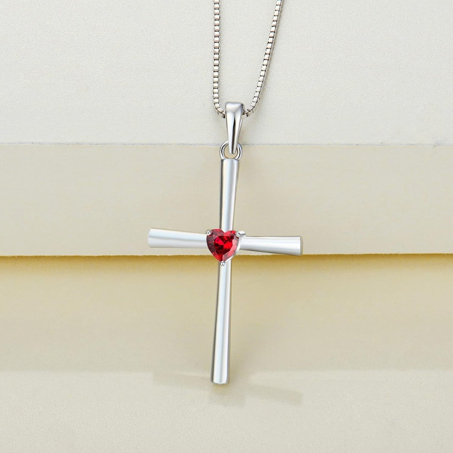 Women'S Cross Necklace 925 Sterling Silver Crucifix Pendant Heart Cut Birthstone Criss Jewelry