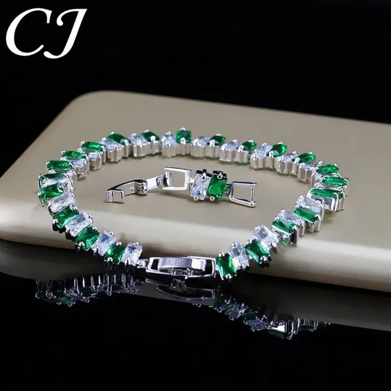 CANDICE High Quality Silver Plating Clear Rectangle CZ Setting Exquisite Women Dinner Party Green Tennis Bracelet Jewelry with Extended Clasp