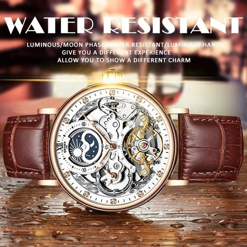 KINYUED Mechanical Automatic Watch Men Tourbillon Wristwatch Sports Clock Mechanism Self Winding Watches Casual Moon Horloge Man Watches