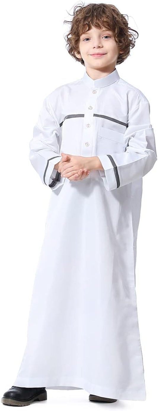 Kids Boys Muslim Thobe Long Sleeve Islamic Arabic Kaftan Robe Middle East Dubai Prayer Outfit with Pocket