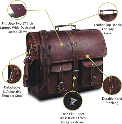 Vintage Leather Laptop Bag for Men Full Grain Large Leather Messenger Bag for Men 18 Inches with Rustic Look Best Leather Briefcase
