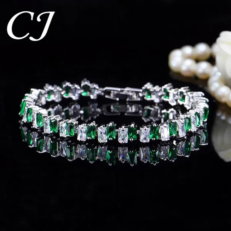 CANDICE High Quality Silver Plating Clear Rectangle CZ Setting Exquisite Women Dinner Party Green Tennis Bracelet Jewelry with Extended Clasp