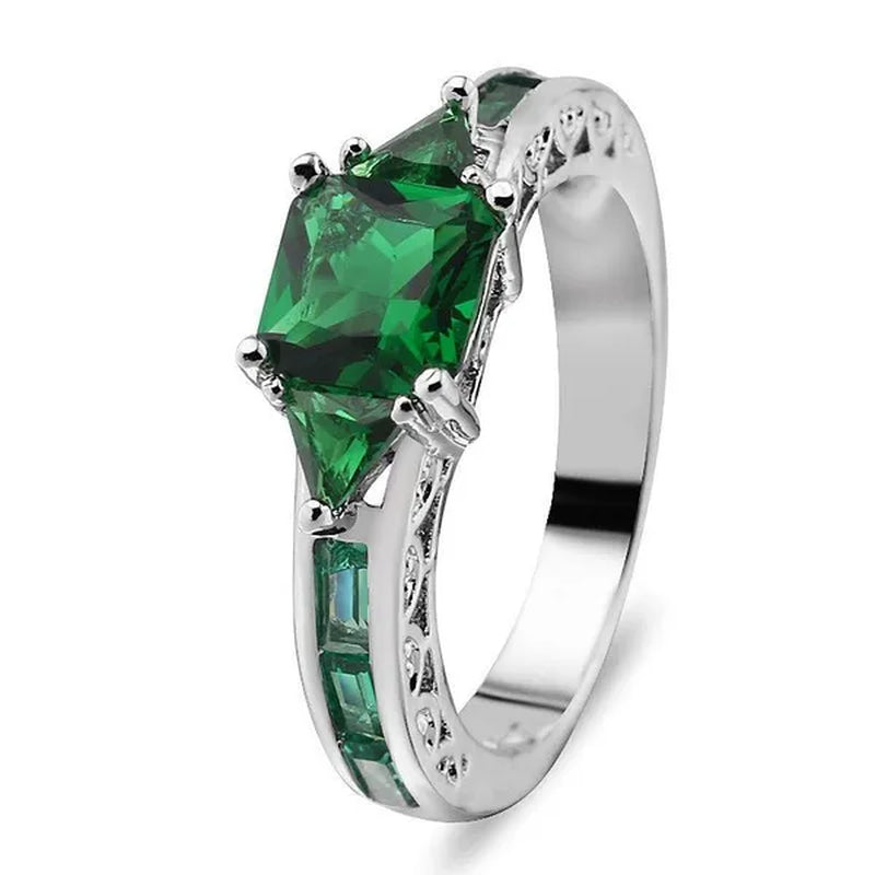 Women's Fashion 925 Silver Plated Green Gemstone CZ Ring Topaz Ring Bride Engagement Wedding Ring Jewelry Size 5 -10 (Choice Color)