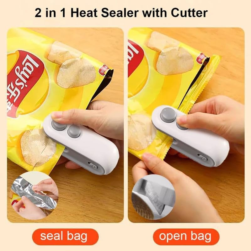 Mini Bag Sealer, 2024 New 2 in 1 Usb Rechargeable Chip Bag Sealer Heat Seal, Portable Handheld Rechargeable Vacuum Food Sealer Bag Sealing Machine for Snacks Chips Fresh Storage (White)