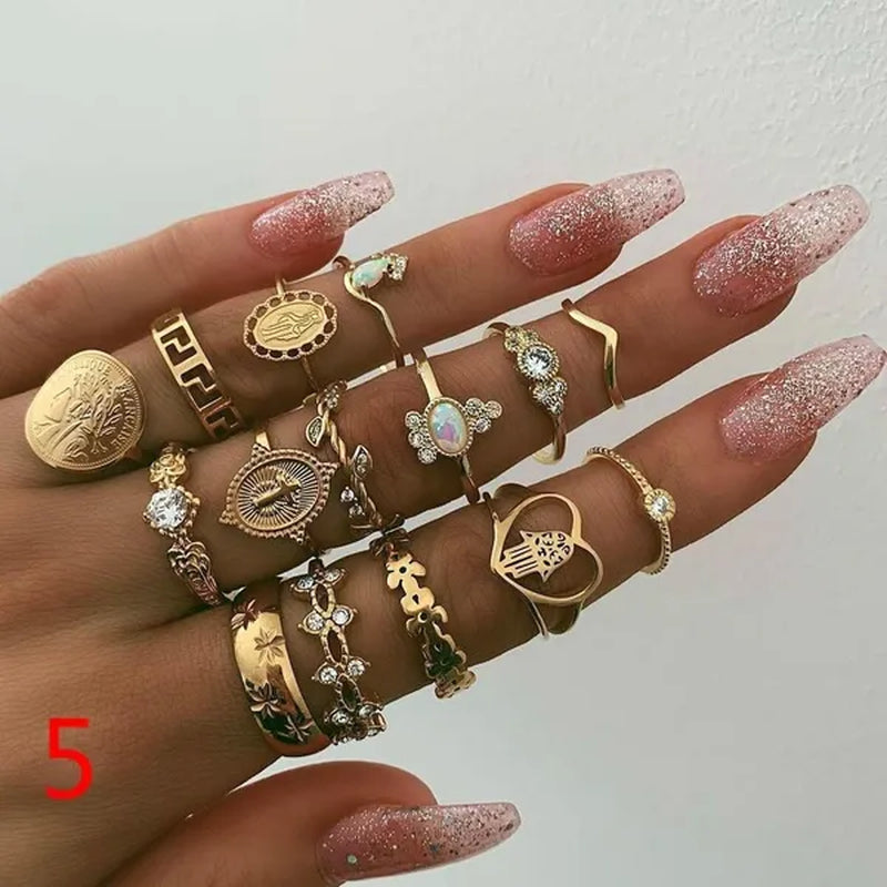 10style Retro Beauty Avatar  Coin Cross Ring Set Pattern Love Fatima Palm   Ring Set for Women