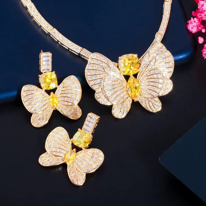 CANDICE Statement Citrine Butterfly Design Pendant Earrings Choker Necklace Micro CZ Temperament Luxury Jewelry Set Dress Accessories