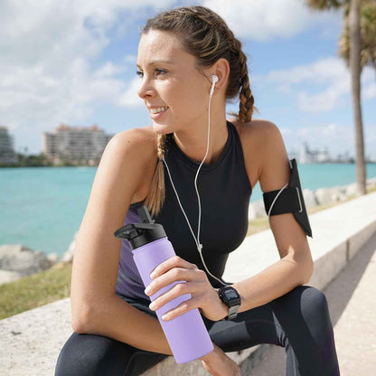 Insulated Water Bottle, 22 Oz Vacuum Insulated Stainless Steel Reusable Sports Bottle with Straw Lid & Spout Lid for Travel, Camping, Bike, Leakproof, Purple, 1 Pack