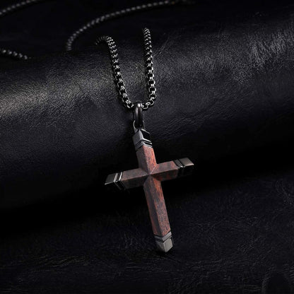Wooden Cross Necklace for Men : 24'' Strong Chain Wood Christian Crosses Pendant,Silver/Black/Gold Plated Stainless Steel Religious Crucifix,Premium Gift for Him,Son,Husband,Boyfriend,Birthday