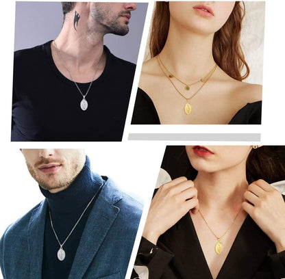 Personalized Virgin Mary Necklace 925 Sterling Silver Religious Christian Jewelry Oval Medal Coin Pendant Necklace for Women Men(With Gift Box)