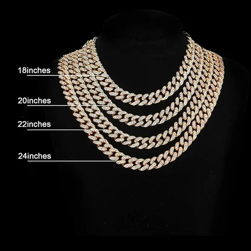 Hip Hop Iced Out Paved Rhinestones 13MM Full Miami Curb Cuban Chain CZ Bling Rapper Necklaces Bracelet Watch for Men Jewelry Set