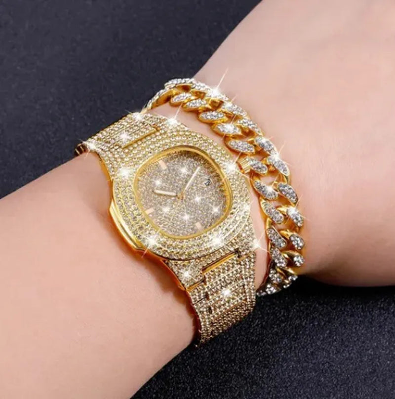 Men's Hip Hop Fashion Luxury 18K Gold and 925 Silver Ice-wound Hip Hop Diamond Watch Miami Cuban Bracelet and Ladies Watch Silver Diamond Bracelet Men and Women Hip Hop Party Jewelry