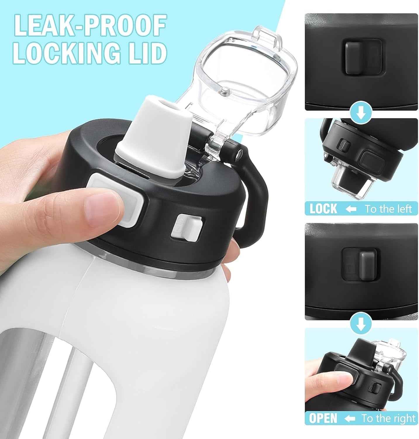 Water Bottle with Straw and Carry Handle, Glass Water Bottle 24 Oz Leak Proof Locking Lid with Soft Silicone Spout, Small Clear Water Bottle, Travel Sports Water Jug, Time Marker, White